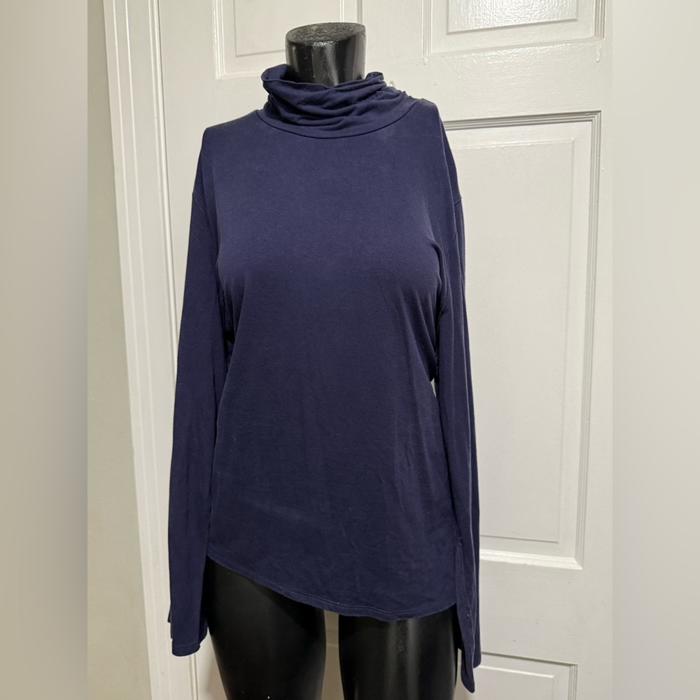 Womens Eileen Fisher Long Sleeve Turtleneck Navy Blue Shirt Size XL